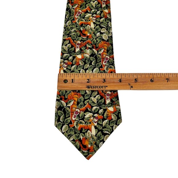 Vintage Disney World Mens Tigger in Jungle Leaves Green Orange Silk Pointed Tie - Picture 11 of 11
